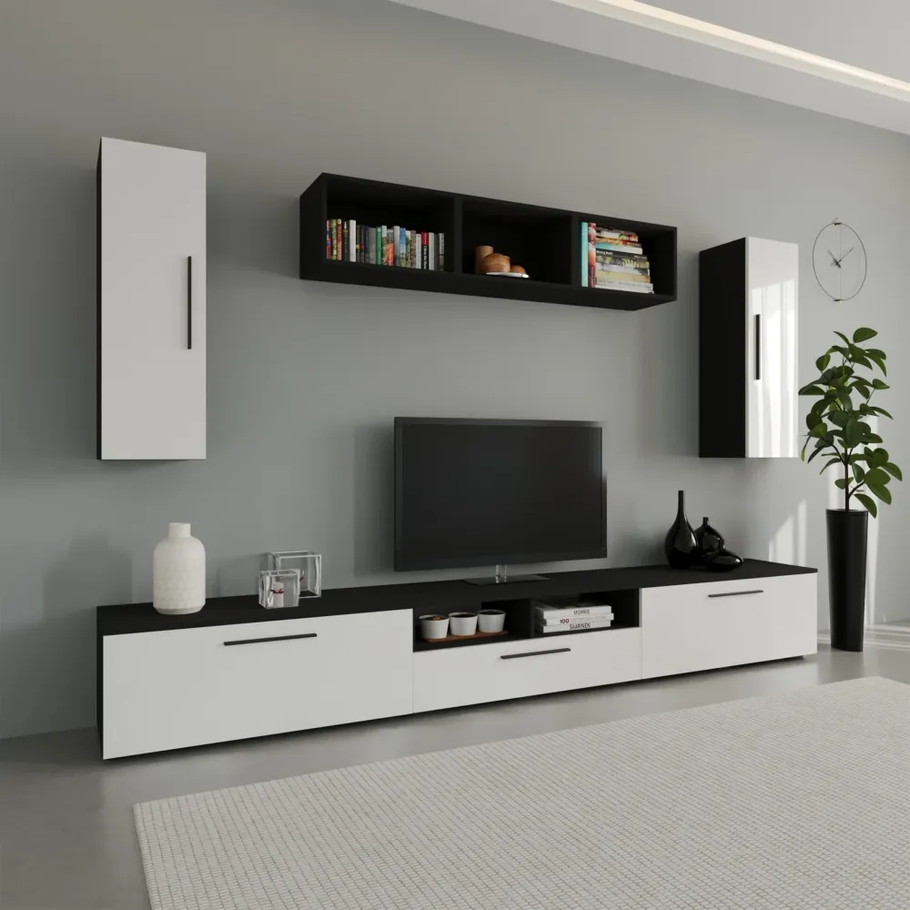 Living Kos haaus V2, Negru/Alb Lucios, MDF, L 285 cm