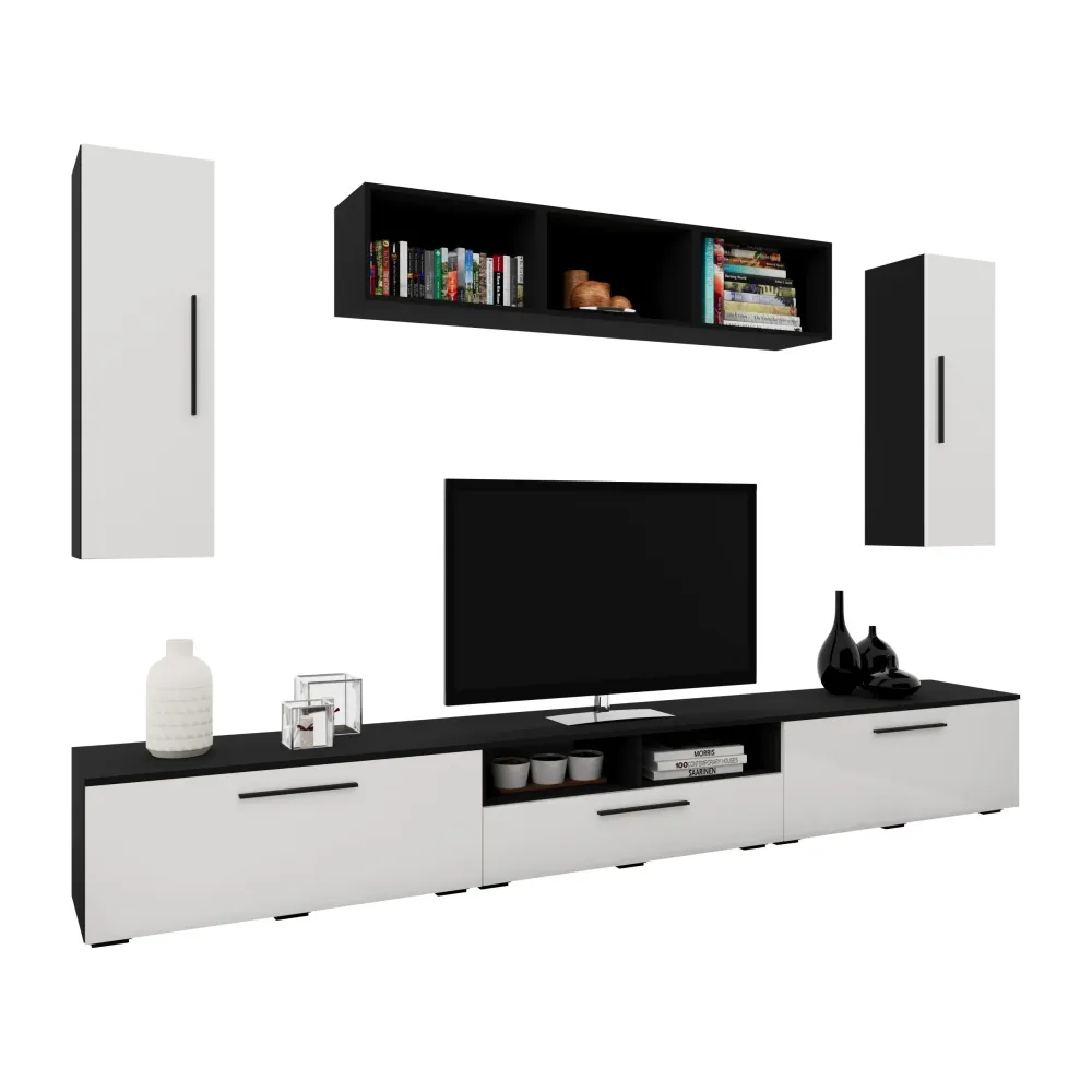 Living Kos haaus V2, Negru/Alb Lucios, MDF, L 285 cm