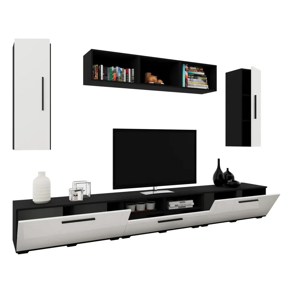Living Kos haaus V2, Negru/Alb Lucios, MDF, L 285 cm