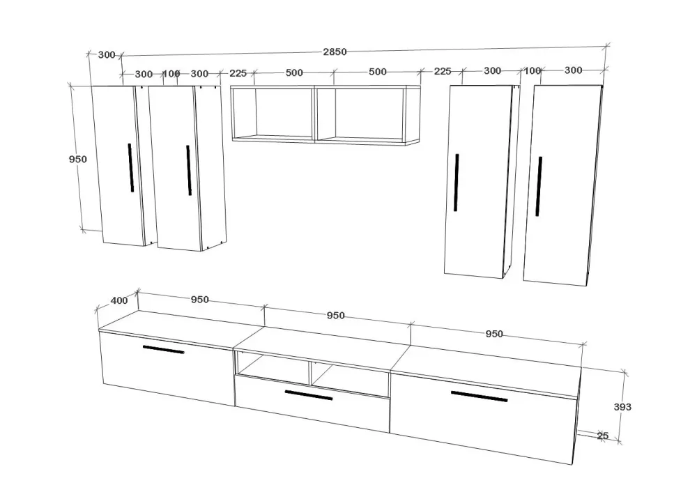 Living Kos haaus V4, Negru/Alb Lucios, MDF, L 285 cm