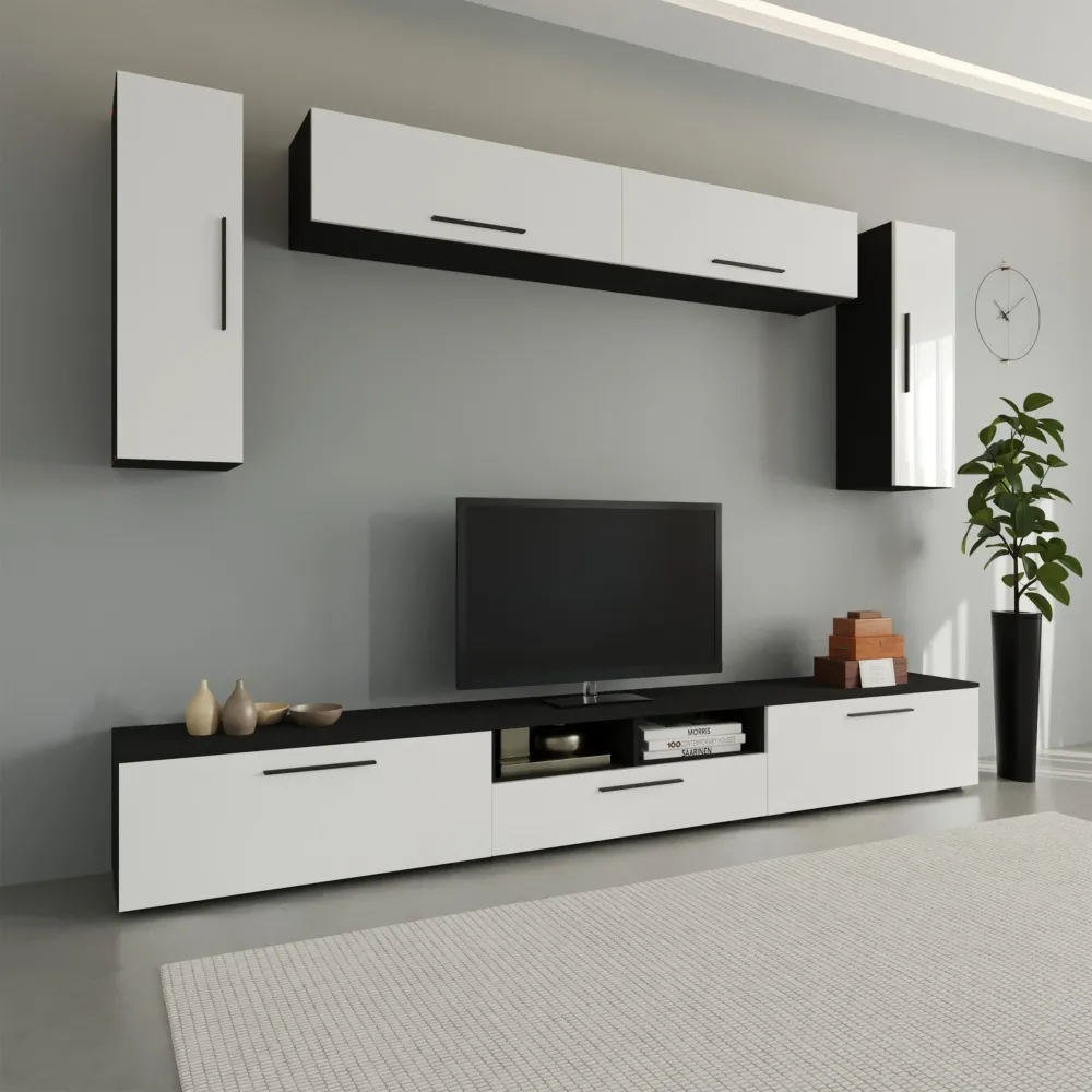 Living Kos haaus V6, Negru/Alb Lucios, MDF, L 285 cm
