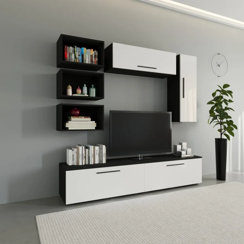 Living Kos haaus V14, Negru/Alb Lucios, MDF, L 190 cm