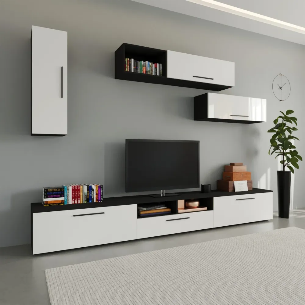 Living Kos haaus V19, Negru/Alb Lucios, MDF, L 285 cm