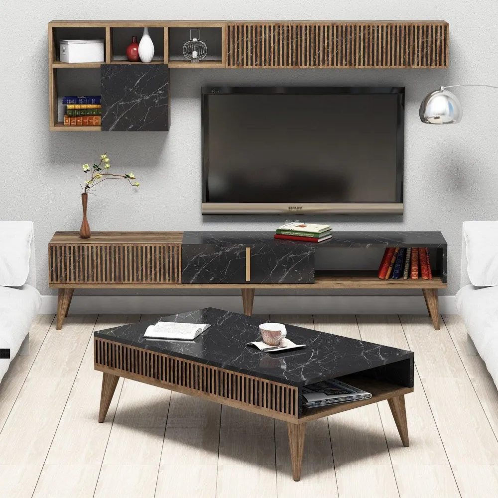 Set Mobila Sufragerie Milan - Walnut, Black, Nuc, 180x40x35 cm