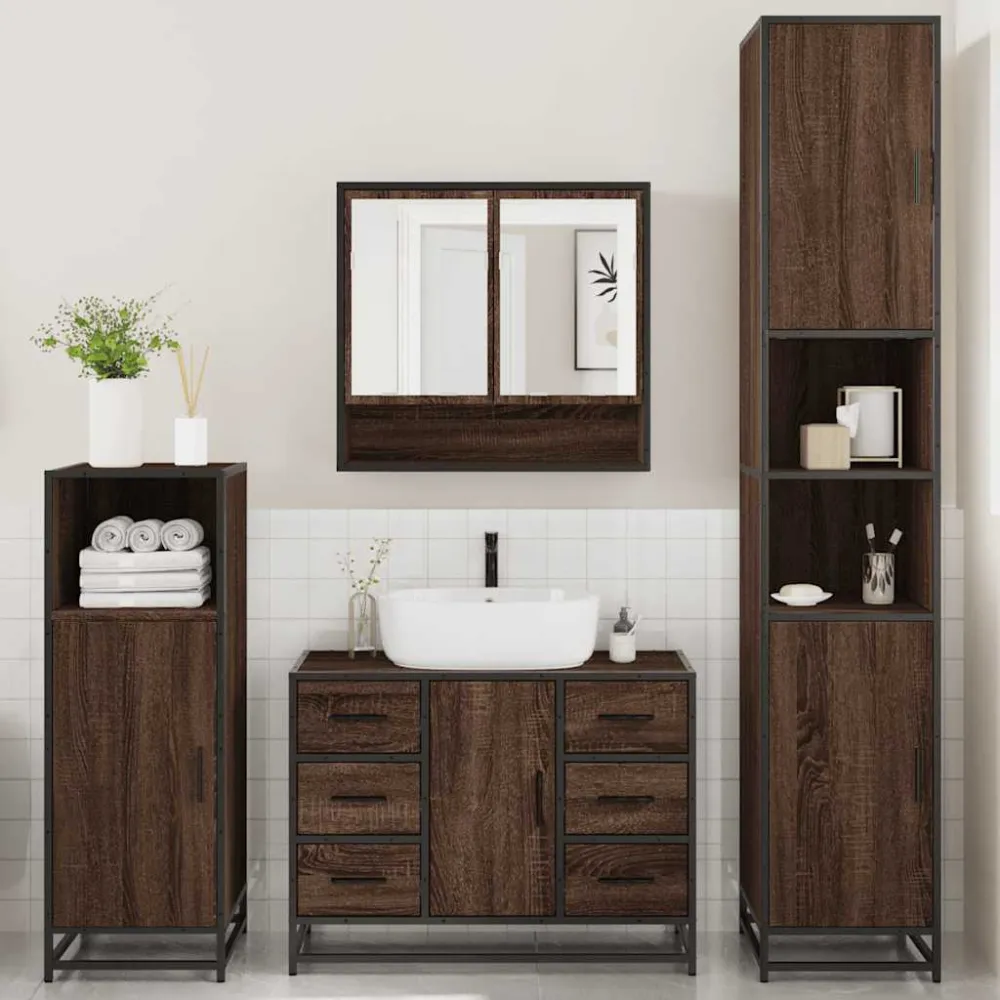 Set de mobilier de baie din 4 piese din lemn de stejar maro