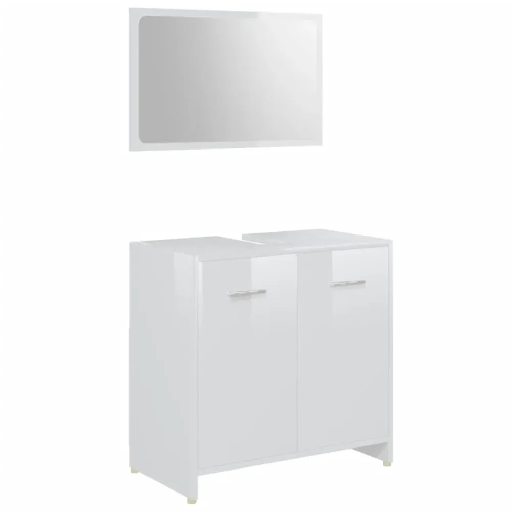 Set mobilier de baie, 3 piese, alb extralucios, lemn prelucrat