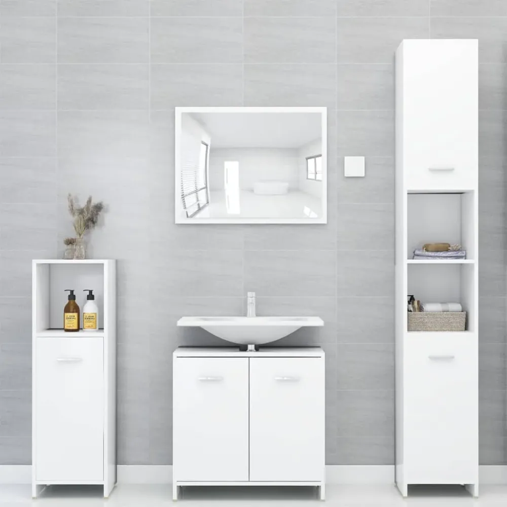 Set mobilier de baie, 4 piese, alb, lemn prelucrat