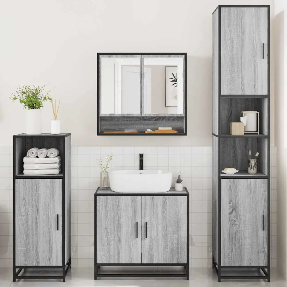 Set de mobilier de baie 4 piese Lemn stratificat gri Sonoma