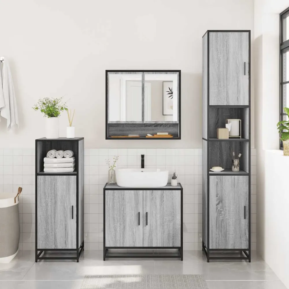 Set de mobilier de baie 4 piese Lemn stratificat gri Sonoma