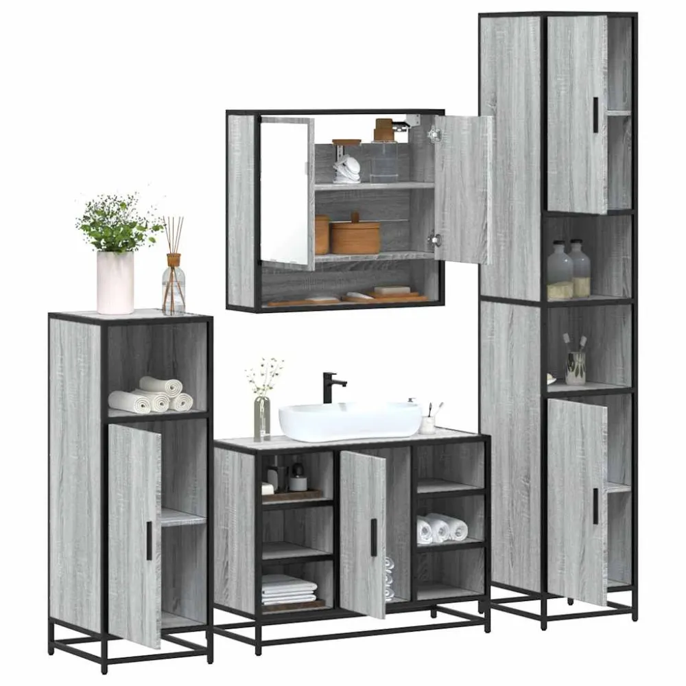 Set de mobilier de baie 4 piese Lemn stratificat gri Sonoma