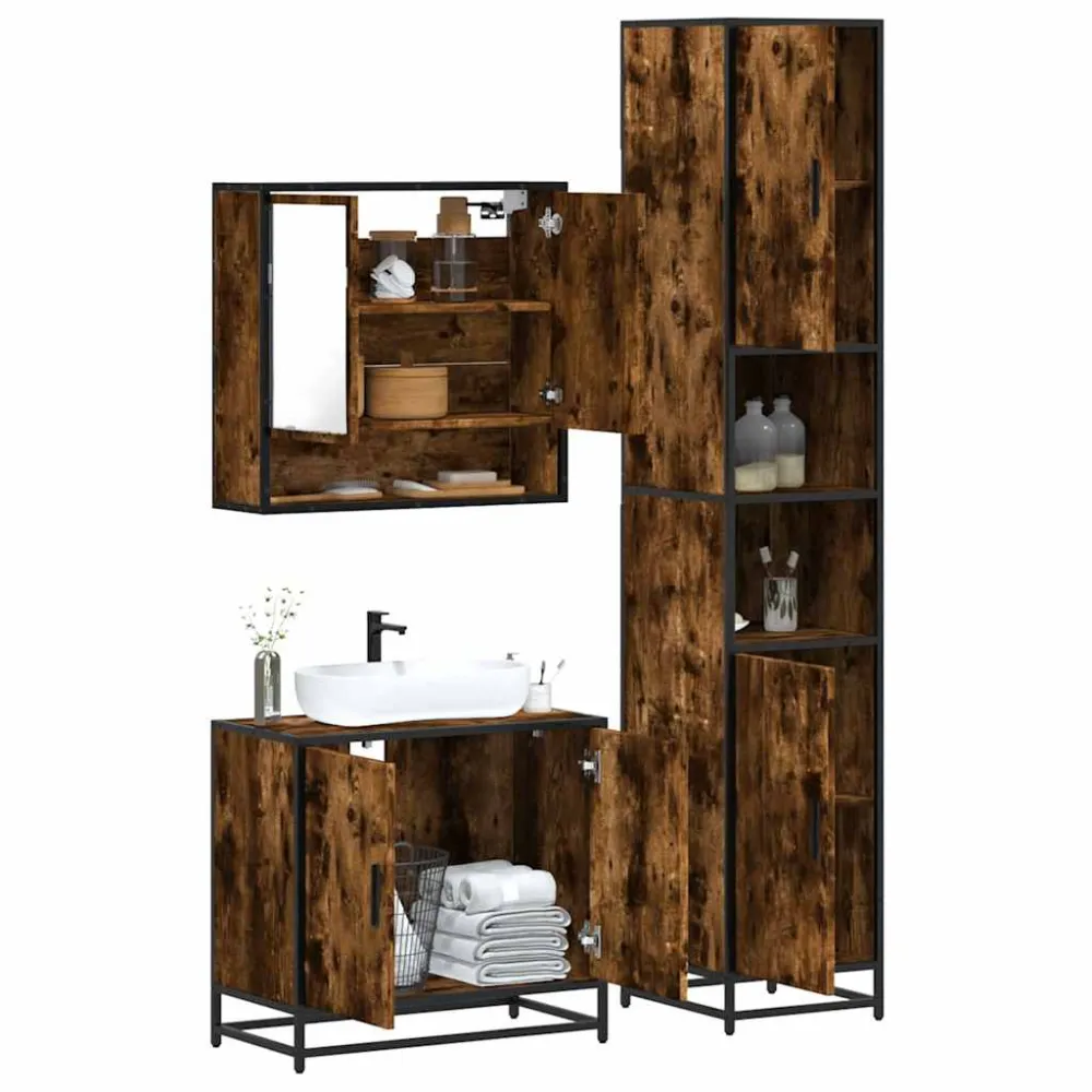 Set mobilier de baie, 3 piese, stejar fumuriu, lemn prelucrat