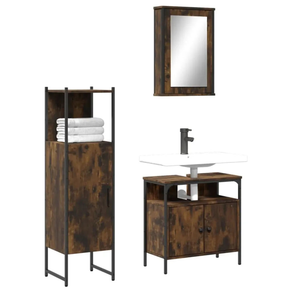 Set mobilier de baie, 3 piese, stejar fumuriu, lemn prelucrat