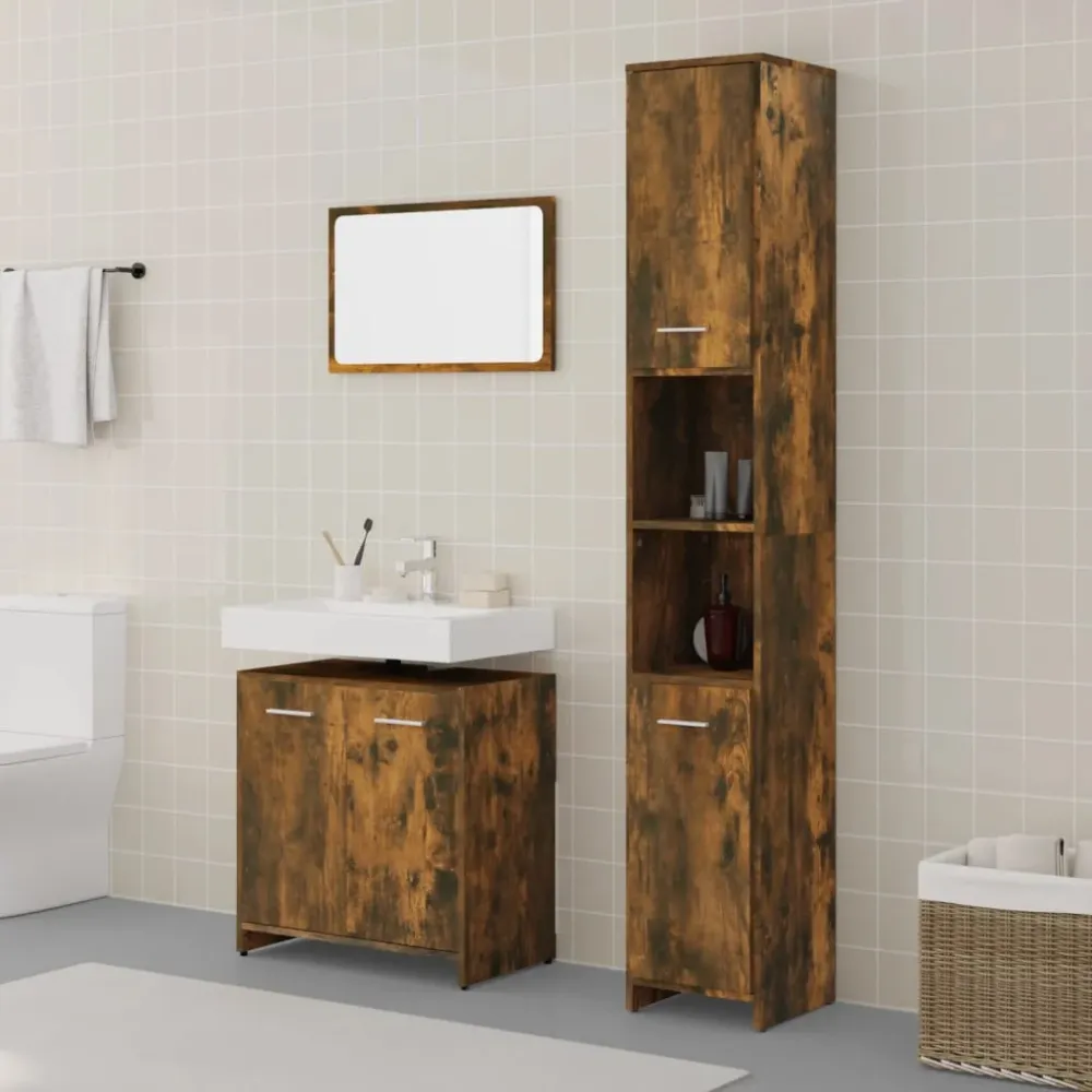 Set mobilier de baie, 3 piese, stejar fumuriu, lemn prelucrat
