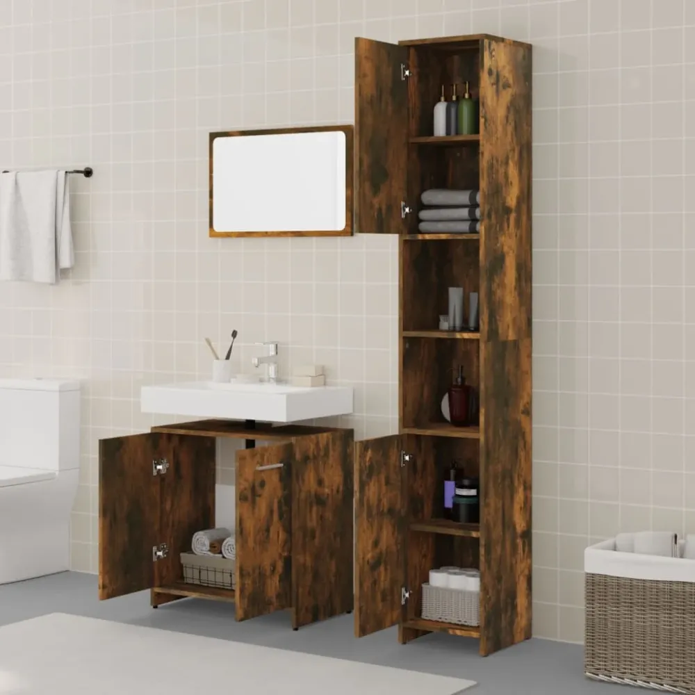 Set mobilier de baie, 3 piese, stejar fumuriu, lemn prelucrat