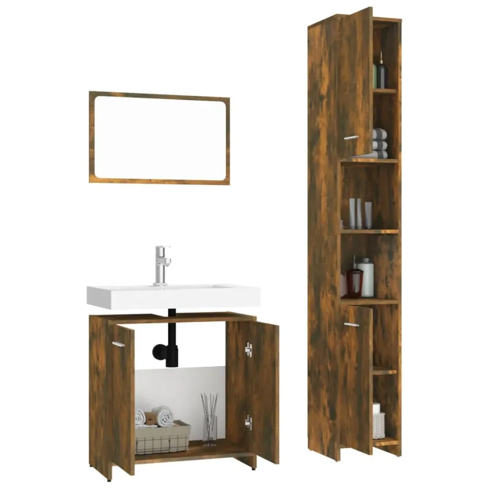 Set mobilier de baie, 3 piese, stejar fumuriu, lemn prelucrat