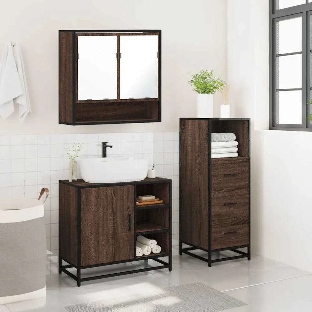 Set mobilier de baie, 3 piese, stejar maro, lemn prelucrat