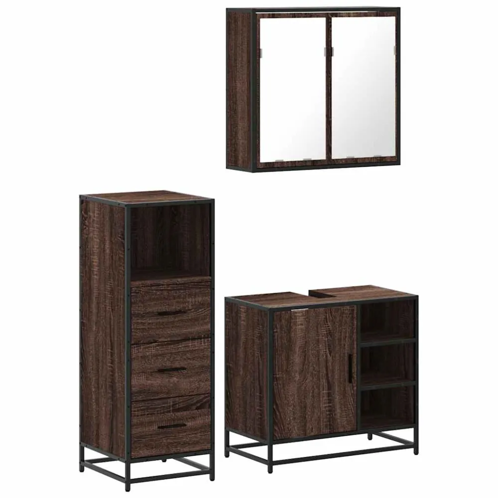 Set mobilier de baie, 3 piese, stejar maro, lemn prelucrat