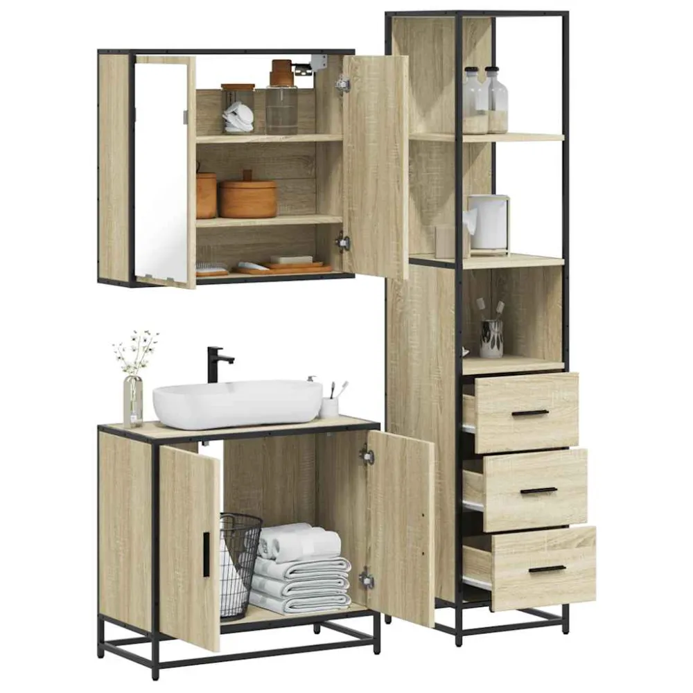 Set mobilier de baie, 3 piese, stejar sonoma, lemn prelucrat