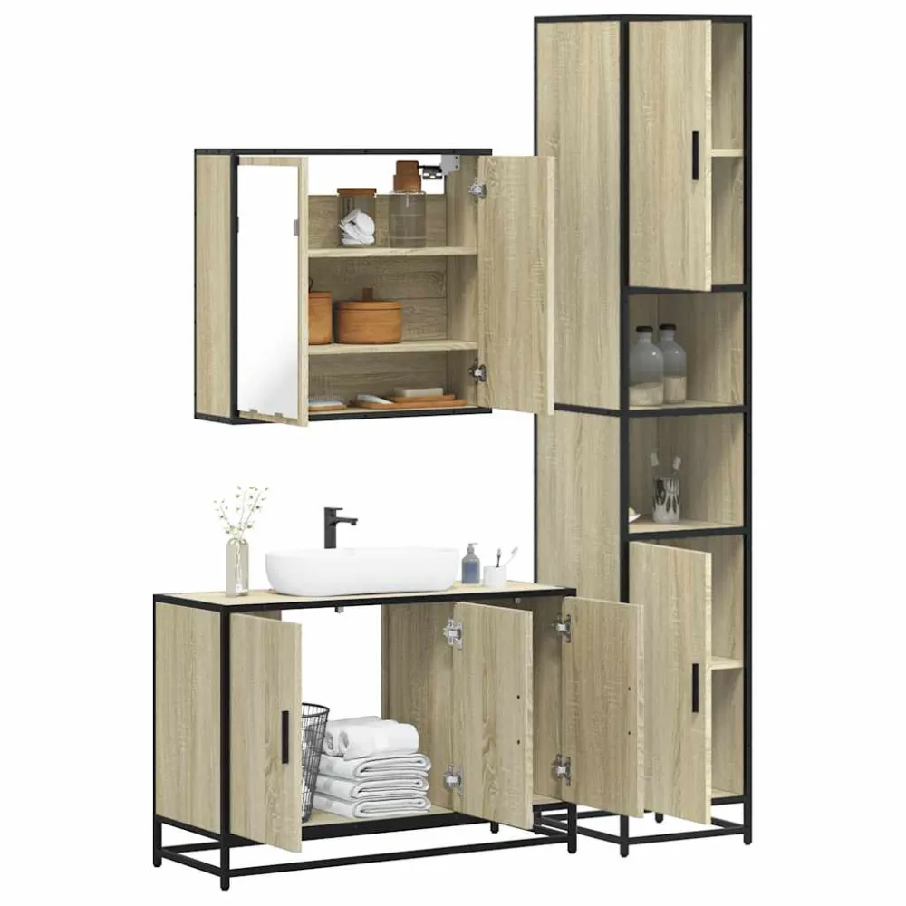 Set mobilier de baie, 3 piese, stejar sonoma, lemn prelucrat