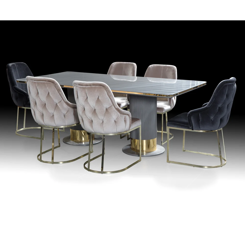 Set Dining Lux Lavinya Bold AsiHome, Masa Gri Auriu (2m x 1m) + 6 Scaune – Exclusiv ASI Home