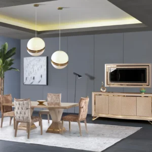 Set Dining Lux Lavinya Zen AsiHome, Masa Crem Auriu (2m x 1m) + 6 Scaune – Exclusiv ASI Home