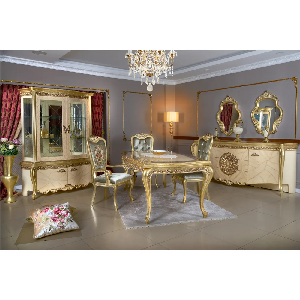 Set Living și Dining Classic Lux Regal - Masă cu 6 Scaune, Vitrina, Consola cu 2 Oglinzi, Patină Aurie, Lucrate Manual, De...