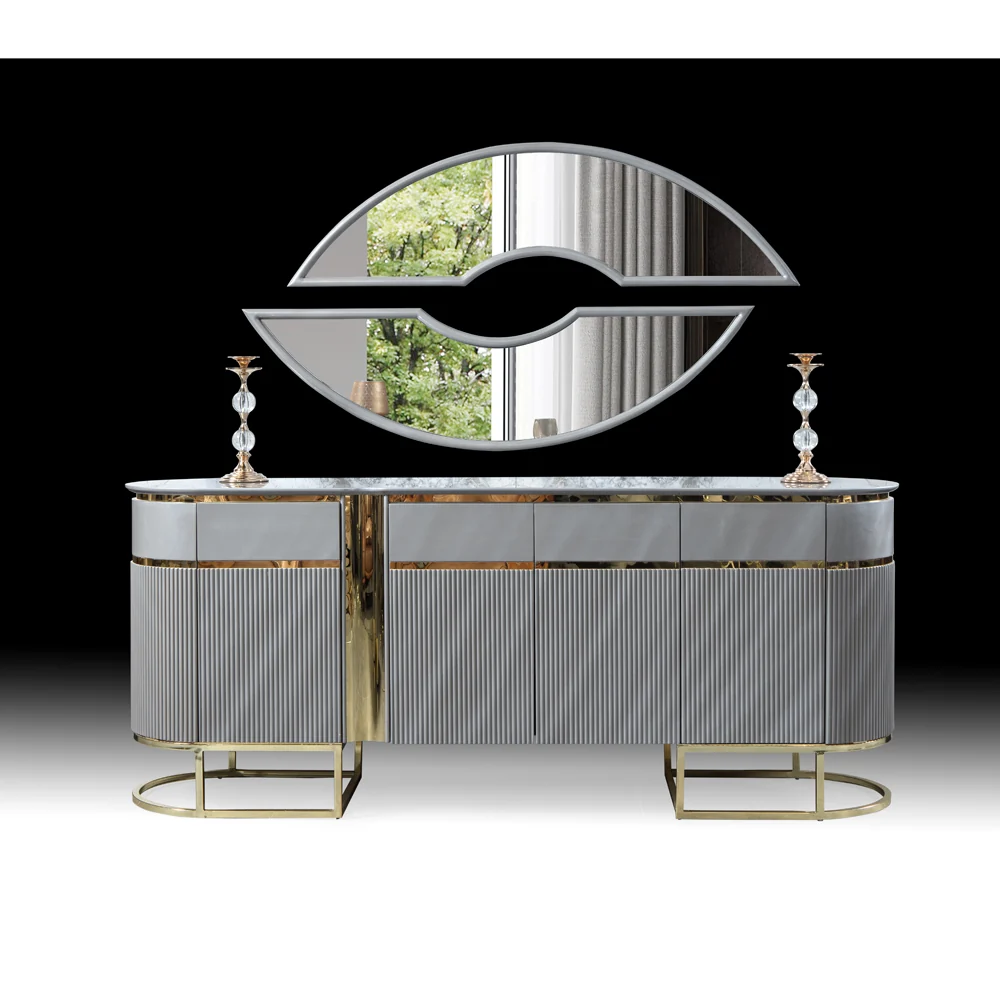 Set Living-Dining Lux Lavinya Bold AsiHome, Consola cu Oglinda, Comoda TV, Masa Gri Auriu (2m x 1m) + 6 Scaune – Exclusiv...