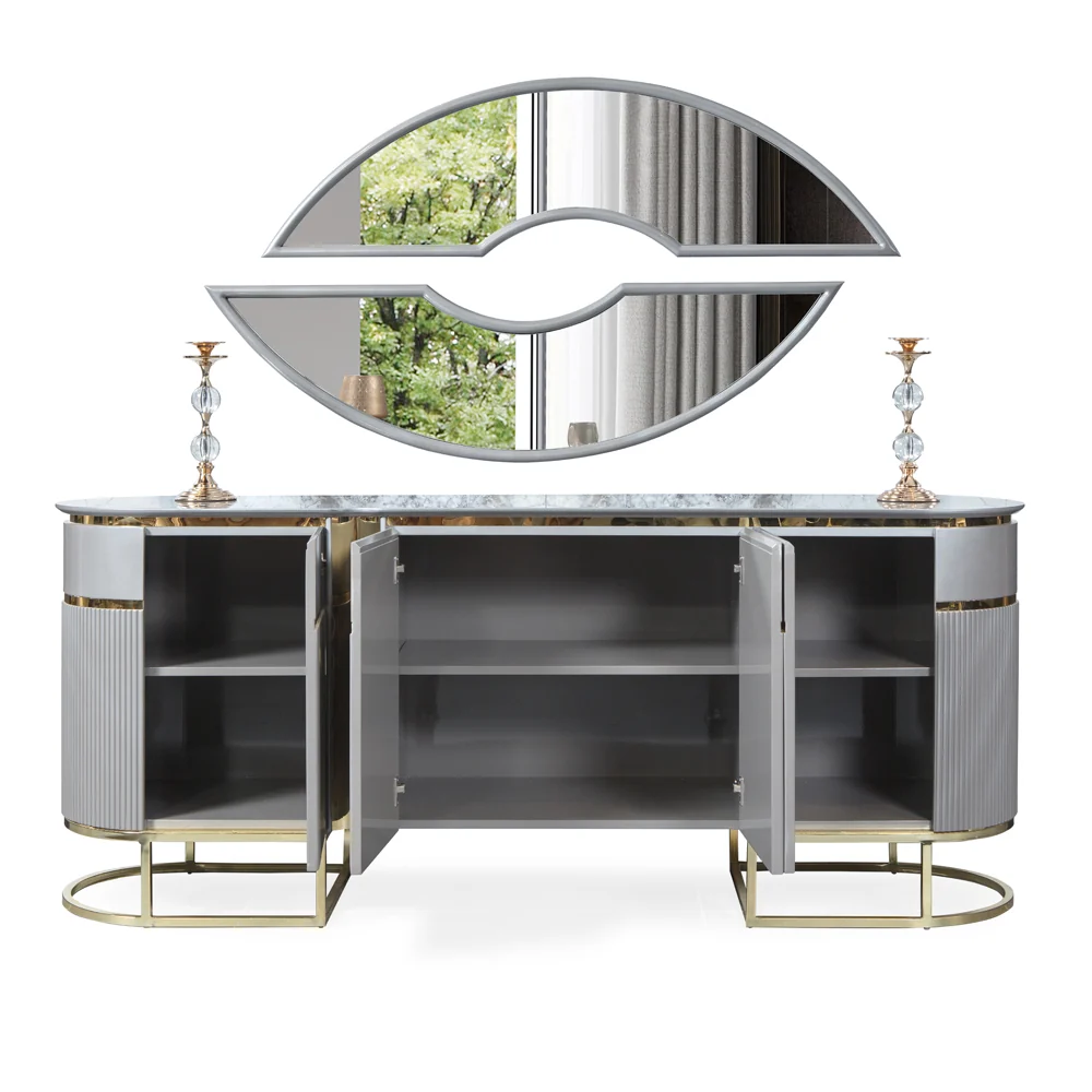 Set Living-Dining Lux Lavinya Bold AsiHome, Consola cu Oglinda, Comoda TV, Masa Gri Auriu (2m x 1m) + 6 Scaune – Exclusiv...
