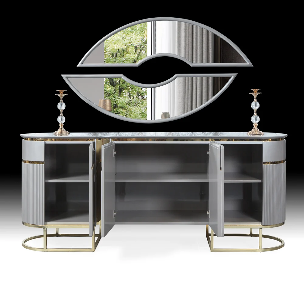 Set Living-Dining Lux Lavinya Bold AsiHome, Consola cu Oglinda, Comoda TV, Masa Gri Auriu (2m x 1m) + 6 Scaune – Exclusiv...