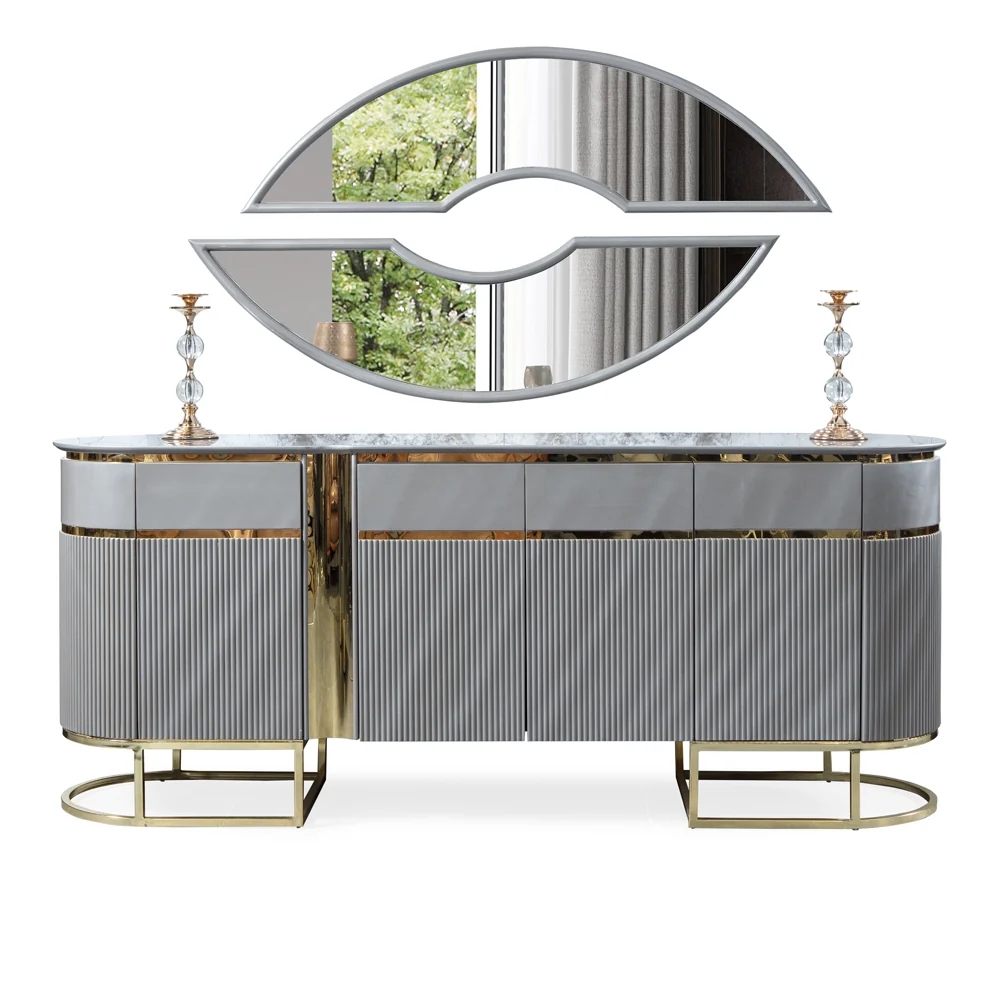 Set Living-Dining Lux Lavinya Bold AsiHome, Consola cu Oglinda, Comoda TV, Masa Gri Auriu (2m x 1m) + 6 Scaune – Exclusiv...