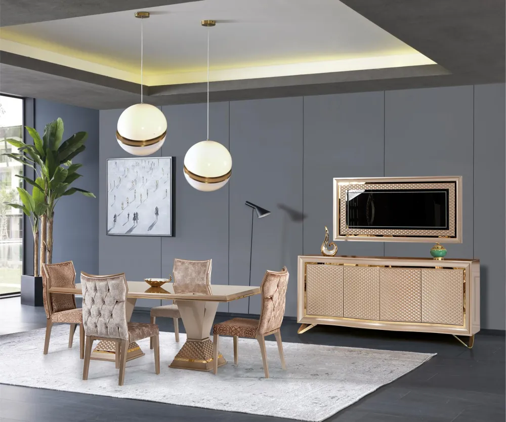Set Living-Dining Lux Lavinya Zen AsiHome, Consola cu Oglinda, Comoda TV, Masa Crem Auriu (2m x 1m) + 6 Scaune – Exclusiv...