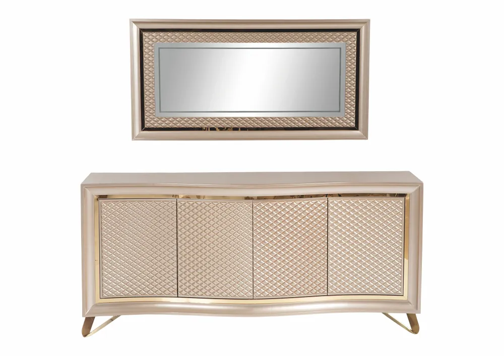 Set Living-Dining Lux Lavinya Zen AsiHome, Consola cu Oglinda, Comoda TV, Masa Crem Auriu (2m x 1m) + 6 Scaune – Exclusiv...
