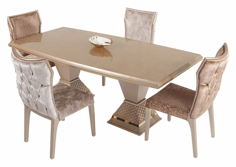 Set Living-Dining Lux Lavinya Zen AsiHome, Consola cu Oglinda, Comoda TV, Masa Crem Auriu (2m x 1m) + 6 Scaune – Exclusiv...