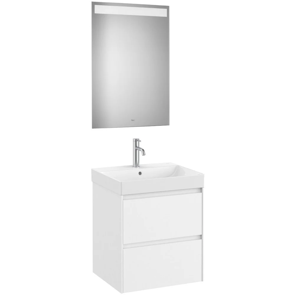 Set mobilier baie (masca 55x46xH65 cm, lavoar si oglinda cu iluminare LED) Roca Ona alb mat