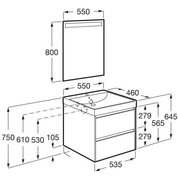 Set mobilier baie (masca 55x46xH65 cm, lavoar si oglinda cu iluminare LED) Roca Ona alb mat