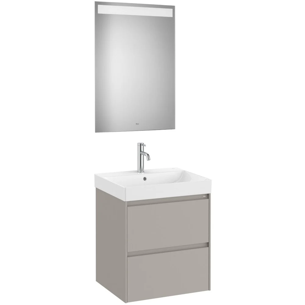 Set mobilier baie (masca 55x46xH65 cm, lavoar si oglinda cu iluminare LED) Roca Ona gri mat