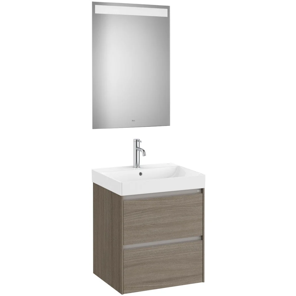 Set mobilier baie (masca 55x46xH65 cm, lavoar si oglinda cu iluminare LED) Roca Ona maro