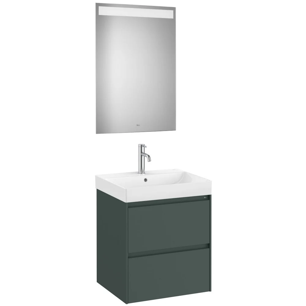 Set mobilier baie (masca 55x46xH65 cm, lavoar si oglinda cu iluminare LED) Roca Ona verde mat