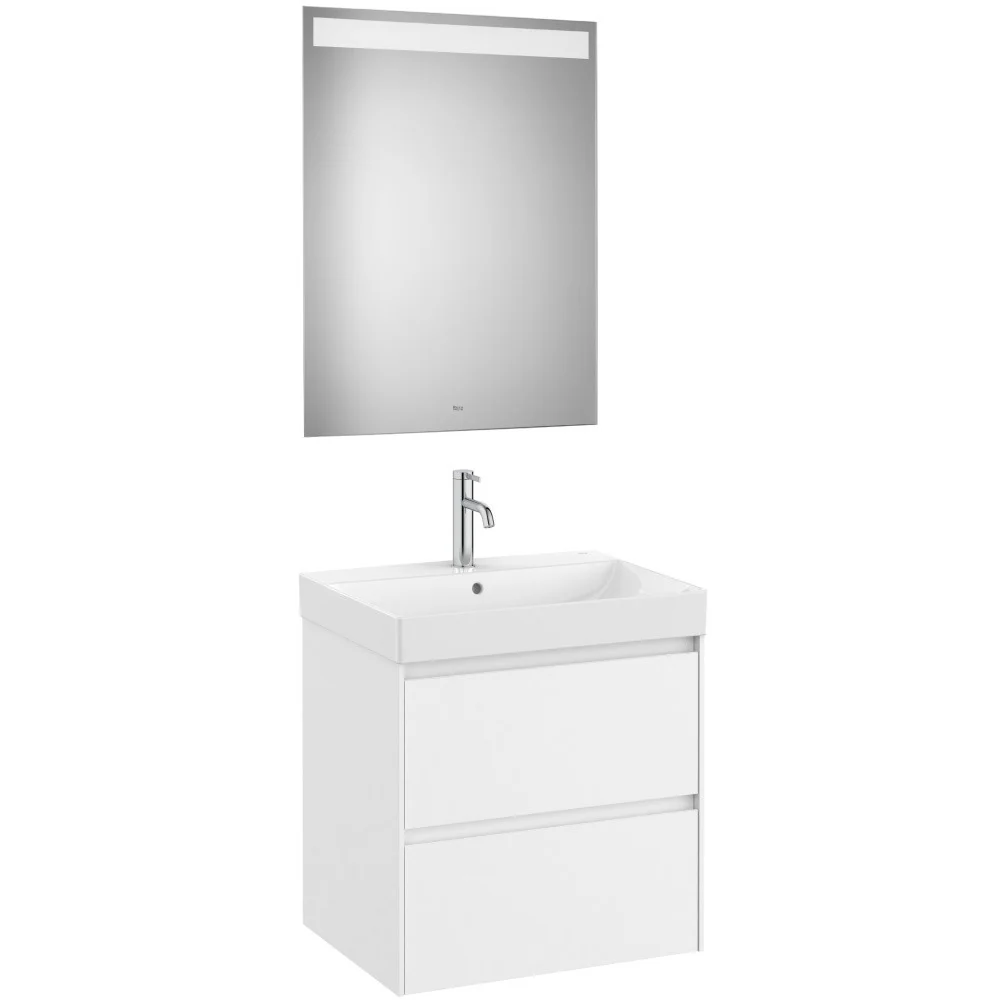 Set mobilier baie (masca 60x46xH65 cm, lavoar si oglinda cu iluminare LED) Roca Ona alb mat