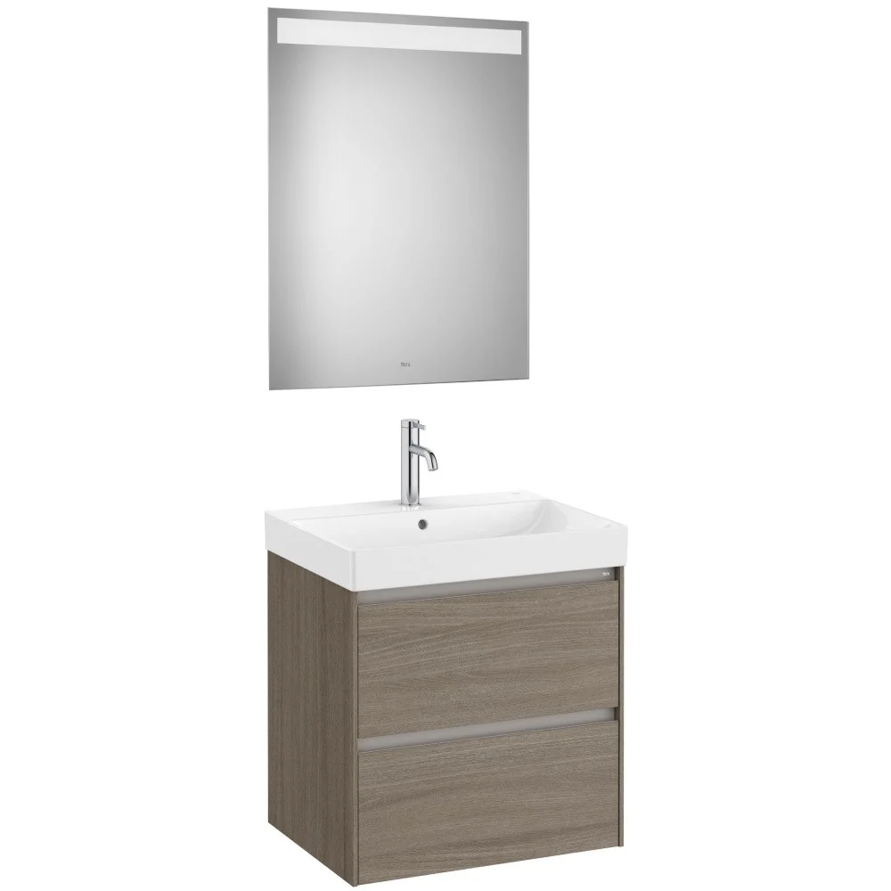 Set mobilier baie (masca 60x46xH65 cm, lavoar si oglinda cu iluminare LED) Roca Ona maro