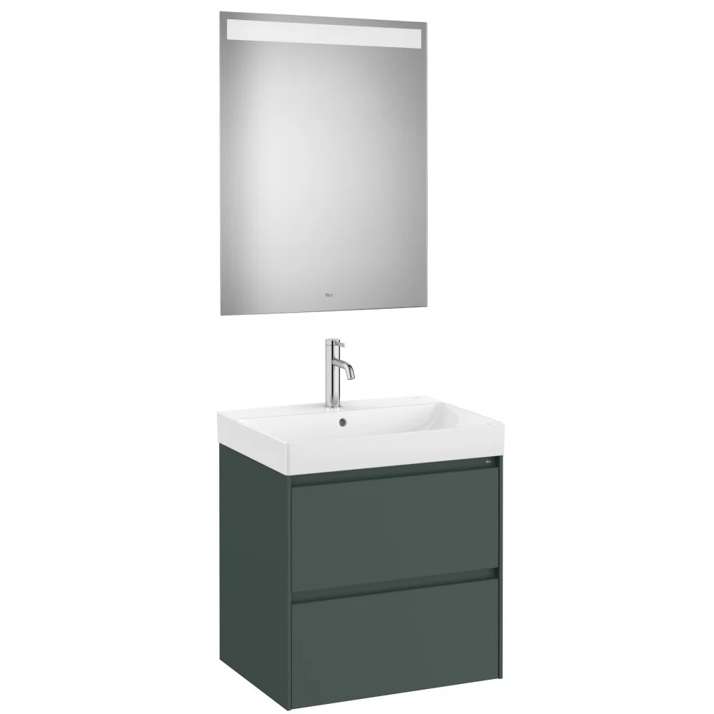 Set mobilier baie (masca 60x46xH65 cm, lavoar si oglinda cu iluminare LED) Roca Ona verde mat