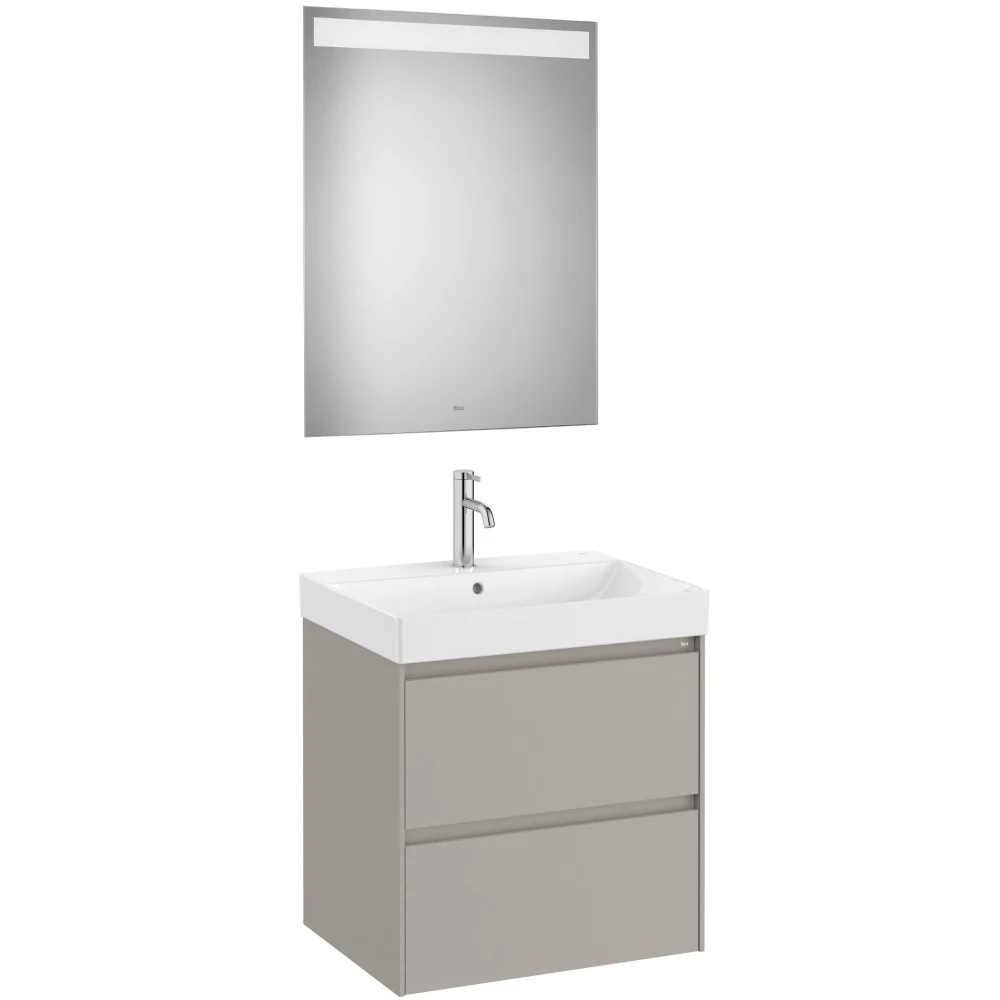 Set mobilier baie (masca 65x46xH65 cm, lavoar si oglinda cu iluminare LED) Roca Ona gri mat