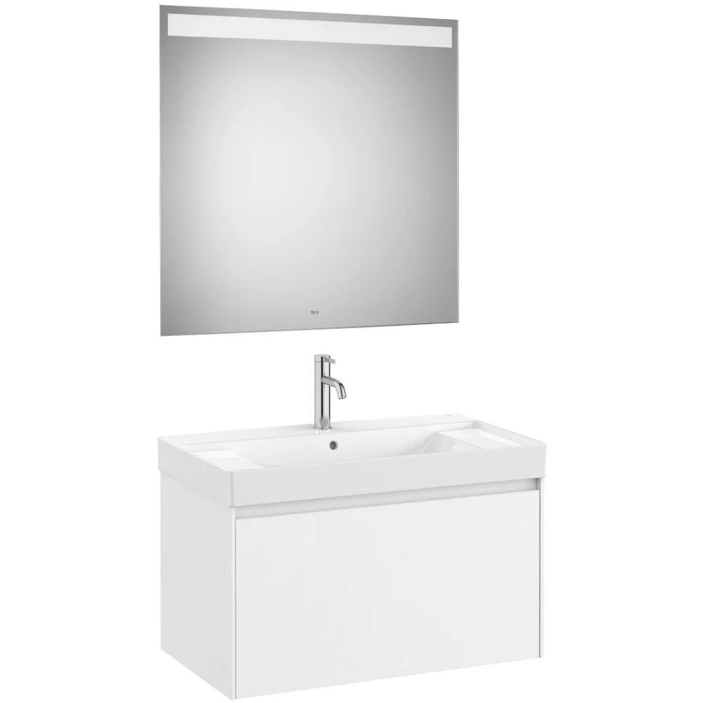 Set mobilier baie (masca 80x46xH50 cm, lavoar si oglinda cu iluminare LED) Roca Ona alb mat