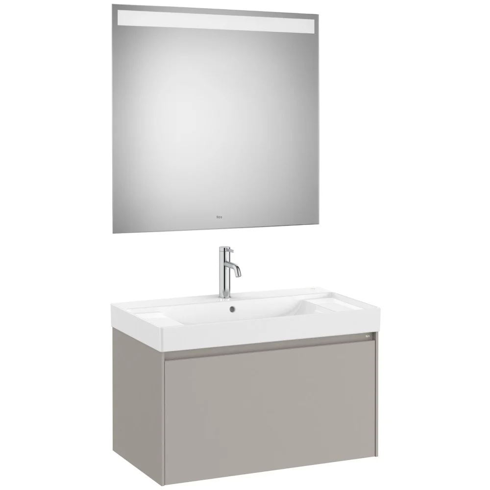 Set mobilier baie (masca 80x46xH50 cm, lavoar si oglinda cu iluminare LED) Roca Ona gri mat