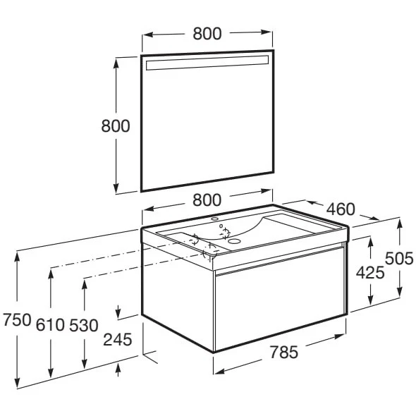 Set mobilier baie (masca 80x46xH50 cm, lavoar si oglinda cu iluminare LED) Roca Ona gri mat