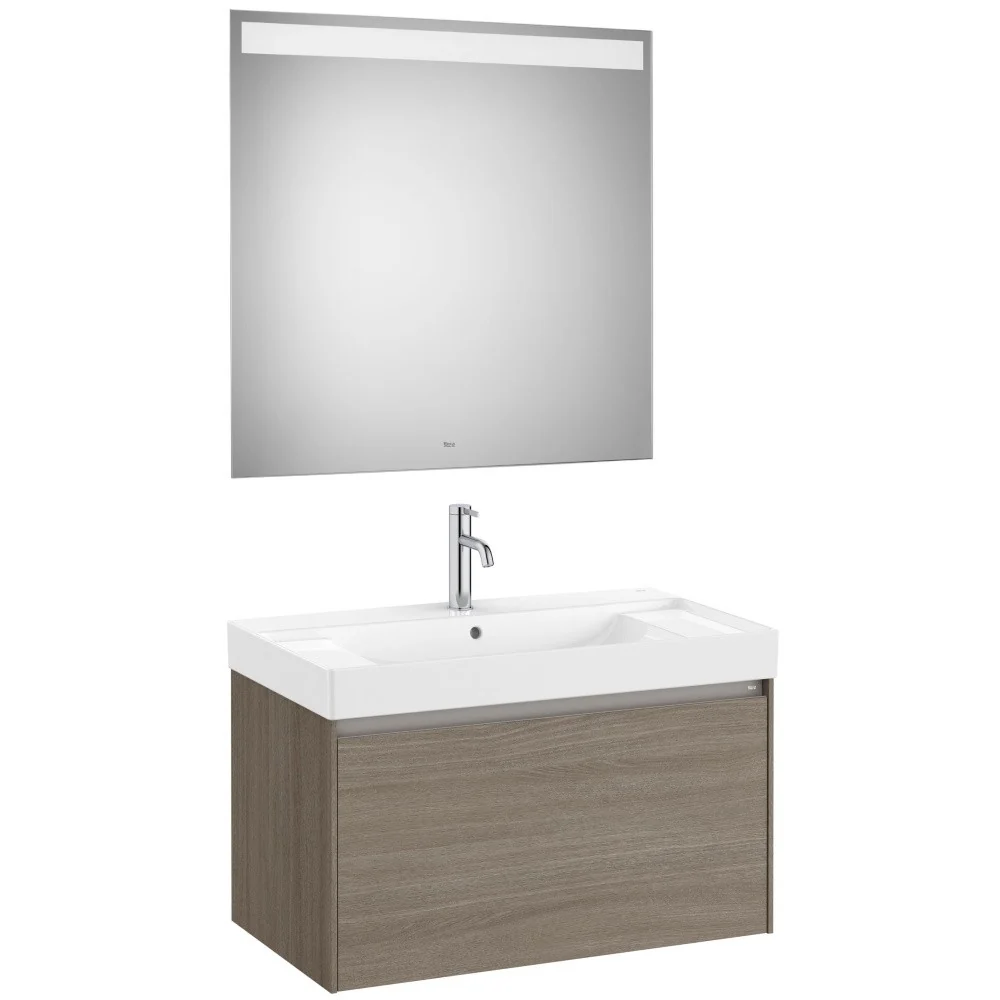 Set mobilier baie (masca 80x46xH50 cm, lavoar si oglinda cu iluminare LED) Roca Ona maro
