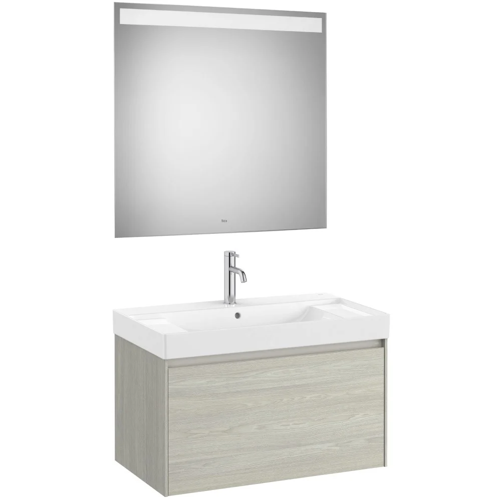 Set mobilier baie (masca 80x46xH50 cm, lavoar si oglinda cu iluminare LED) Roca Ona bej