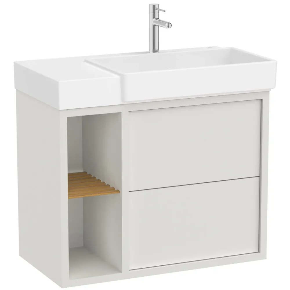 Set mobilier baie (masca si lavoar cu sertar si raft cu polita) Roca Tura 80x43xH60 cm, pe partea stanga, alb