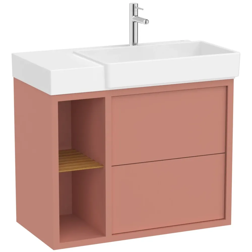 Set mobilier baie (masca si lavoar cu sertar si raft cu polita) Roca Tura 80x43xH60 cm, pe partea stanga, caramiziu (light...