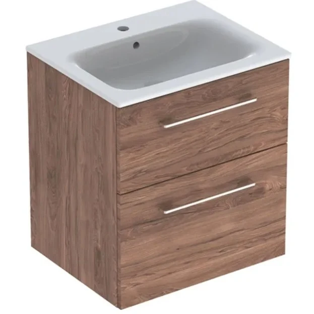 Set mobilier baie (masca suspendata cu 2 sertare si lavoar) Geberit Selnova Square 60 cm, maro (nuc american hickory)